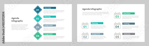 Business Agenda Infographic Templates Overview, Planning, Assignments, Execution, Tracking, and Outcome Layouts for Company Reports