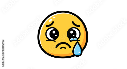 Expressive cartoon face illustrating sadness with bright yellow color and tear