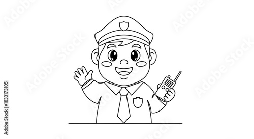 Friendly cartoon police officer waving and holding a walkie talkie in black and white outline