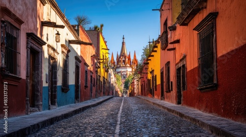 Pueblo Magico Street A charming empty cobblestone street in San Miguel de Allende at dawn colorful colonial buildings leading to a distant church perfect symmetry in Mexico