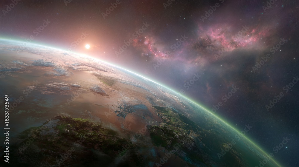 Fototapeta premium Beautiful view of a planet's surface with colorful galaxies and a bright sun rising in space
