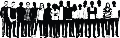 Large diverse group of people standing together in silhouette, representing community teamwork unity crowd illustration concept