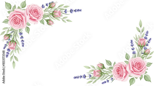 Elegant Pink Roses and Lavender Watercolor Floral Corners Illustration for Romantic Designs