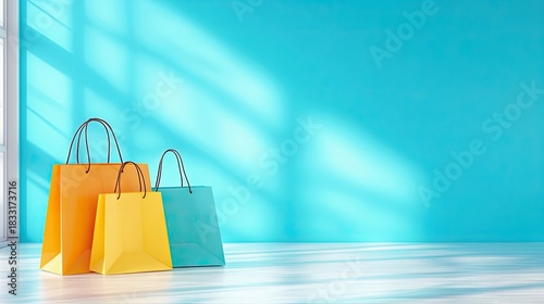 Three colorful shopping bags are standing in a room with a bright blue wall. The sunlight creates shadows on the wall and floor.