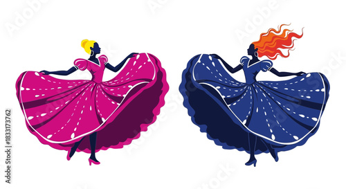 Two stylized dancers in vibrant flowing dresses perform a dynamic dance against a stark black background showcasing movement and elegance