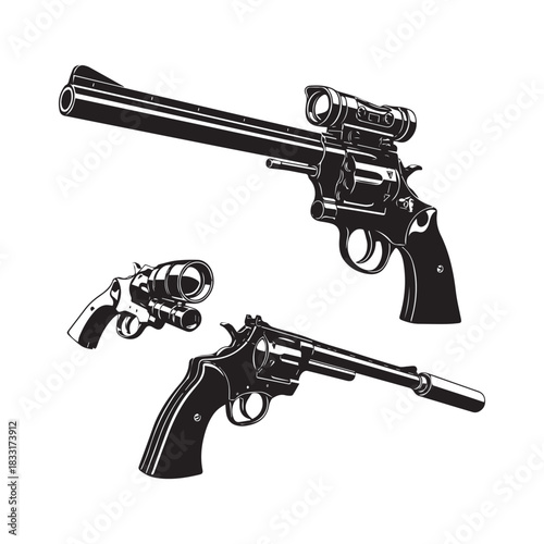 retro revolver silhouettes collection, revolver silhouette, gun vector, vintage weapon, firearm symbol, old pistol