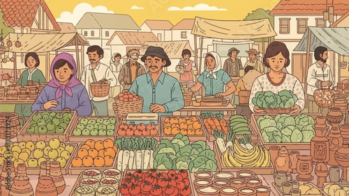 Illustration of a bustling outdoor market scene with vendors and customers among produce stalls and houses