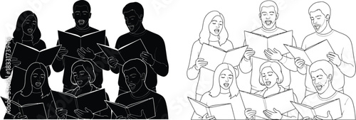 Choir singers performing together in a black silhouette and outline illustration
