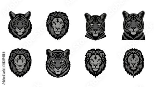 Collection of Lion and Tiger Head Portraits in Grey Scale on White Background showcasing the