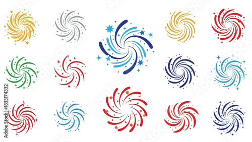Colorful and celebratory fireworks spirals vector illustration for festive events