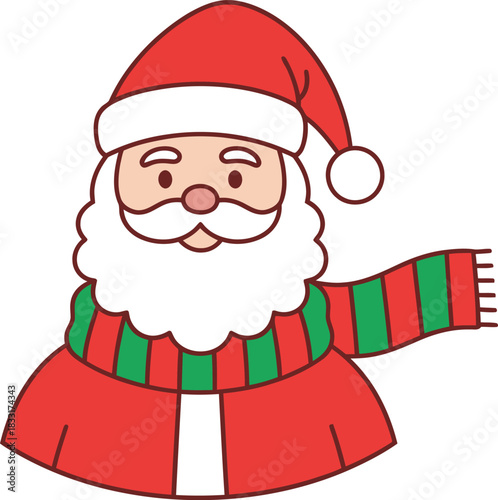 Santa Claus smiling warmly, wearing a red suit and scarf, spreading holiday cheer during the Christmas season.