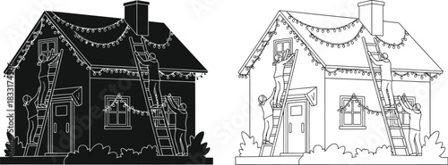 People decorating houses with Christmas lights in silhouette and outline versions