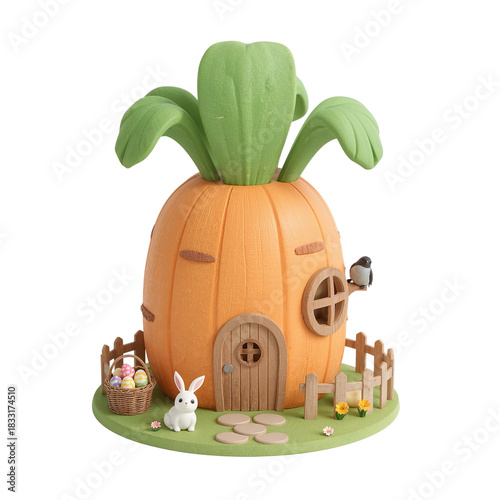 Whimsical carrot house miniature with bunny, bird, easter eggs for enchanted stories