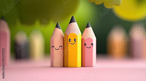 Three smiling pencils standing together on a pink surface with a blurred green background. The pencils have happy faces.