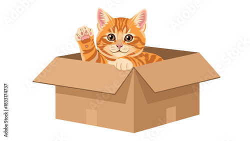 Adorable ginger tabby kitten waving paw from cardboard box, a purrfect addition to your project with a touch of playful charm