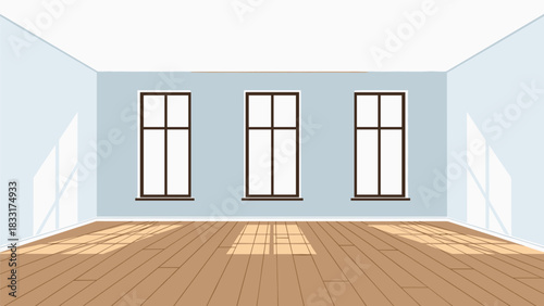 Sunlit empty room with hardwood floors and blue walls perfect for interior design mockups or real estate listings