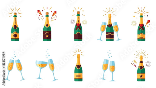 Festive Celebration with Sparkling Champagne Bottles and Flutes Collection