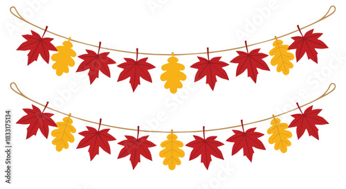 Vibrant autumn leaves garland illustration on a plain white background for seasonal design elements and festive decorations