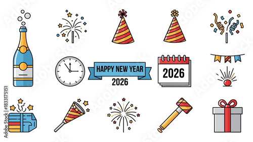 Vector illustration of happy new year 2026 party icons, celebration and festive season symbols for