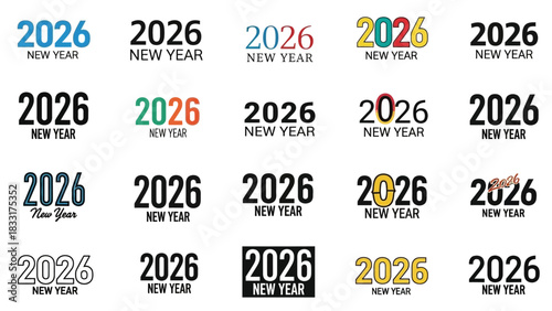 Diverse 2026 New Year vector design set with variations in color and style, ideal for holiday design