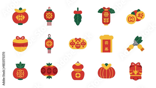 Collection of festive Chinese New Year themed cartoon vector icons in red and gold