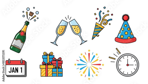 Celebratory New Year's Eve Illustration Featuring Essential Elements in Vibrant Colors
