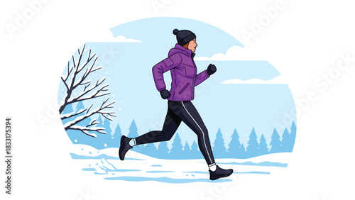 Vibrant athletic woman jogging through a serene winter landscape, a perfect fit for promoting fitness and healthy outdoor living