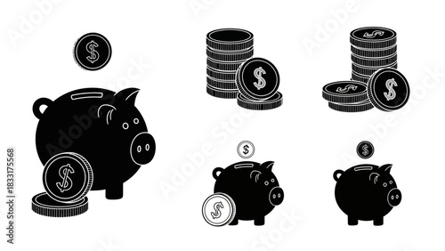 Piggy Banks and Coins Icon Collection for Financial Savings and Investment Concepts