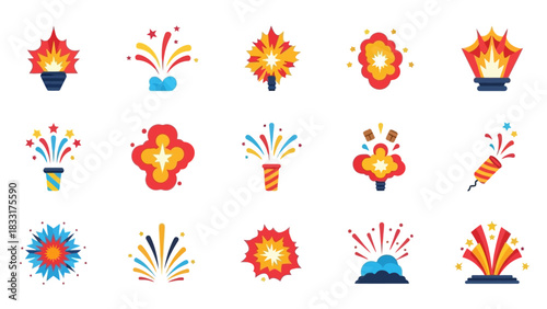Festive fireworks celebration icon set, representing colorful and bright bursts of joy and