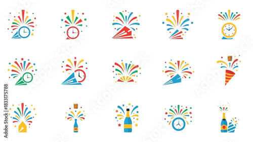 Colorful new year celebration icons collection with confetti, champagne and countdown clocks for