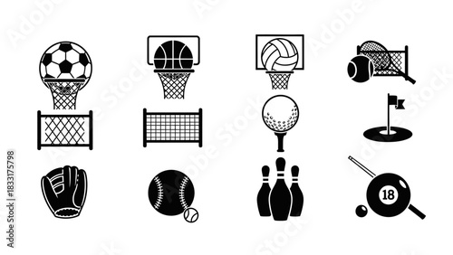 Sports equipment icons showcase a variety of games and athletic activities