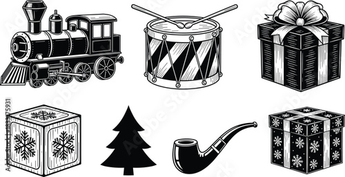 Christmas illustration icon set, vintage toy train, drum with sticks, gift boxes, pine tree, smoking pipe, snowflake cube, wrapped holiday presents, black and white sketch vector collection.