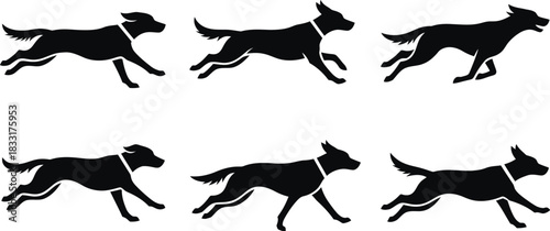 Running dog silhouette set showing fast motion in multiple canine poses