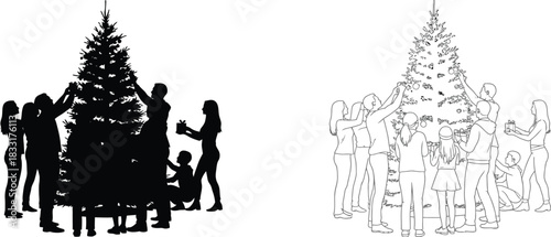 Family decorating Christmas tree together in festive holiday silhouette and outline