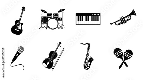 Musical Instruments Collection Black and White Vector Silhouette for Creative Projects