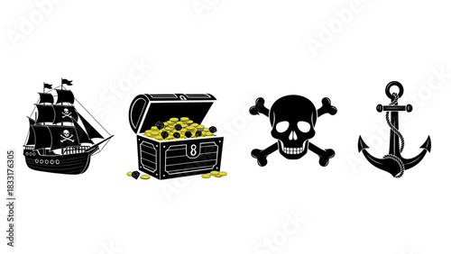 Black and white pirate icons featuring ship, treasure chest, skull, and anchor design