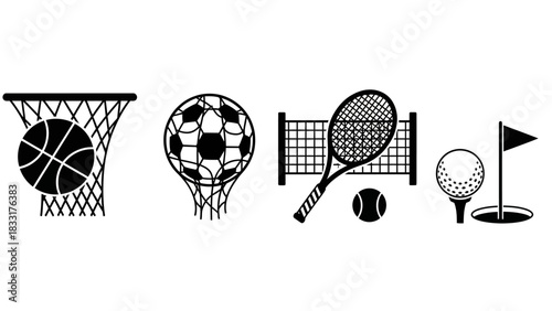 Diverse sports icons illustration showcasing basketball, soccer, tennis, and golf games