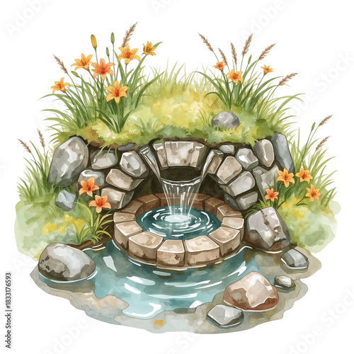 Watercolor stone fountain with flowering lilies creates a serene and tranquil oasis scene