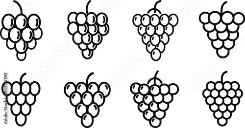 Grapes icon set with multiple cluster styles in a simple outline fruit design