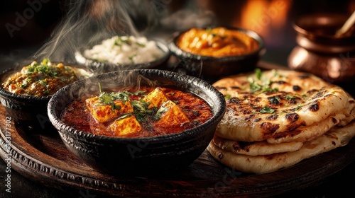 Steaming thali with roti dal paneer close-up food photography restaurant table appetizing in India