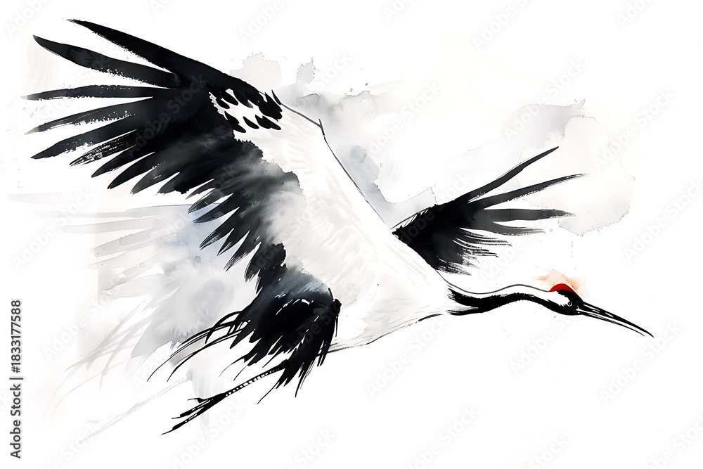 Fototapeta premium 大きく翼を広げて飛ぶ鶴を柔らかな筆致で描いた構図