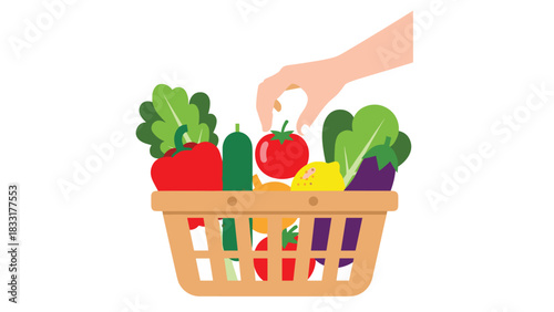 Fresh produce basket ready for a healthy meal with bright pepper tomato lemon and leafy greens perfect for summer recipes