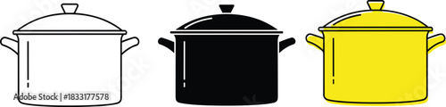 Cooking pot icon set, stock pot silhouettes, kitchen cookware symbols, white, black, yellow colors, minimal flat vector design pack for food, recipe, and culinary assets.