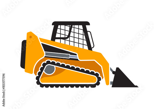 compact tracked skid steer loader earthmover digger construction vehicle symbol yellow side view simplified vector isolated on transparent background
