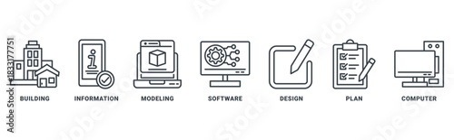 BIM (building information modeling) icon set vector concept with icon of building, information, modeling, software, design, plan, computer