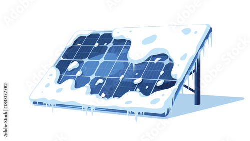 Illustrative solar panel covered in snow and icicles highlights winter weather impact on renewable energy production efficiency