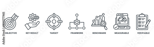 OKR (objectives key results) icon set vector concept with icon of objective, key results, target, framework, benchmark, measurable, verifiable