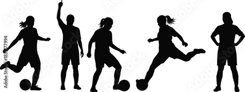 Silhouette female soccer player action poses, football athlete illustration, dynamic sports movement concept, kicking dribbling celebration artwork