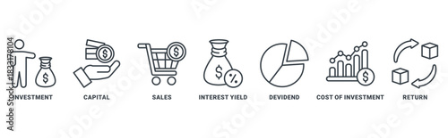 ROI (return on investment) icon set vector concept with icon of capital, sales, interest yield, dividend, cost of investment, return