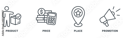 Marketing Mix icon set vector concept with icon of product, price, place, promotion